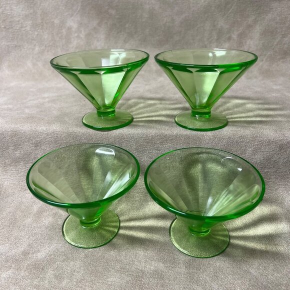 Vintage Federal Uranium Green Depression Glass Sherbets Dessert 4 Ribbed Optic - Picture 5 of 8
